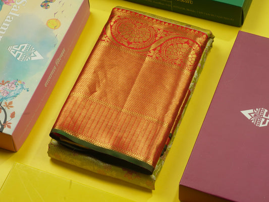 Manthulir Green Pure Kanjivaram Silk Saree With Contrast Red Border