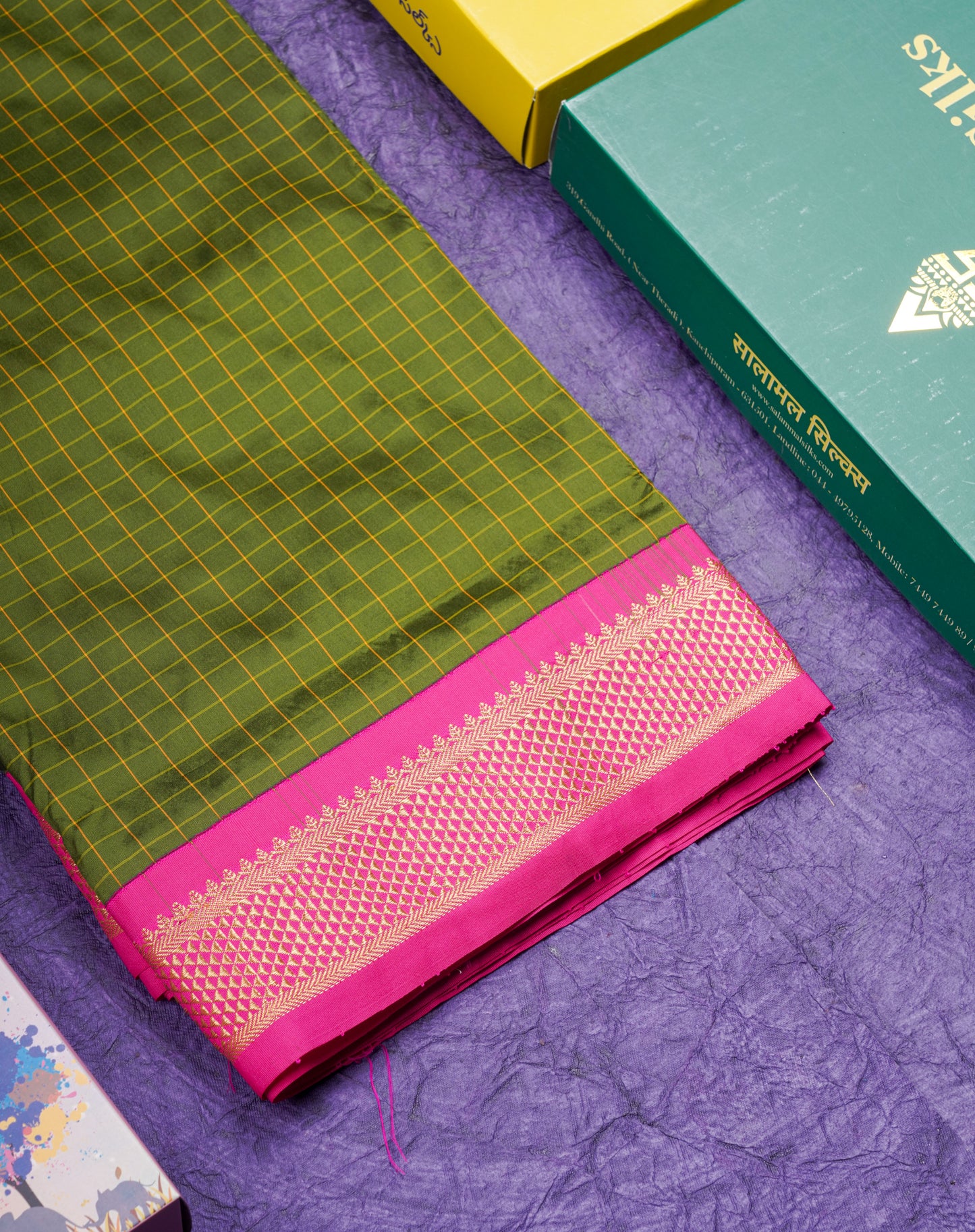 9 Yards Semi Silk Saree Small Checks Violet with Contrast Pink Border