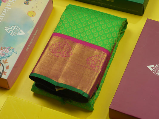 Korvai Green Pure Kanjivaram Silk Saree With Contrast Magenta Border