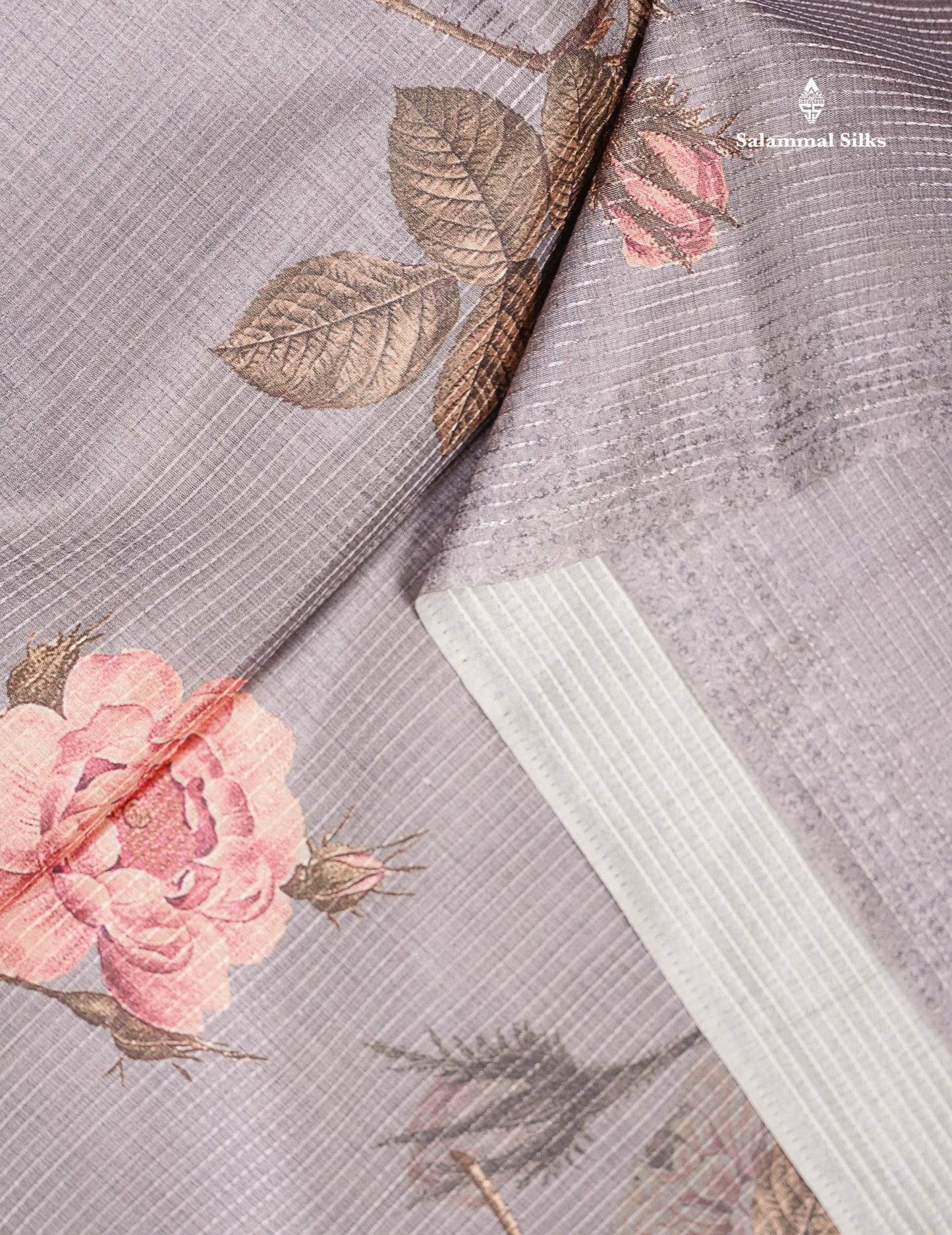 Semi Tussar Saree - Light Grey Vaira Oosi Lines Border Less  Floral Design Fancy Saree
