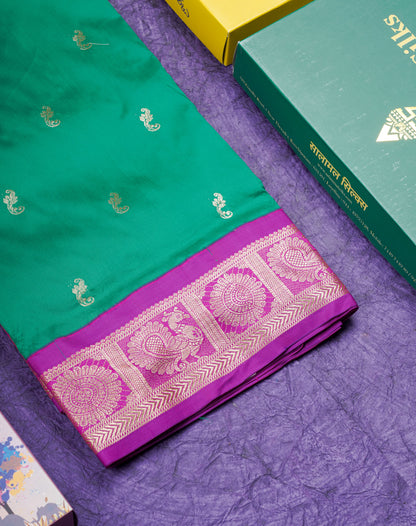 9.5 Yards Semi Silk Saree Green with Contrast Purple Traditional Border