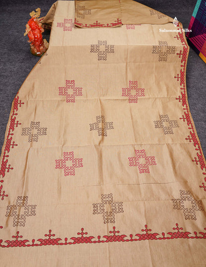 Beautiful Beige Printed South Cotton Saree With Contrast Brown Blouse