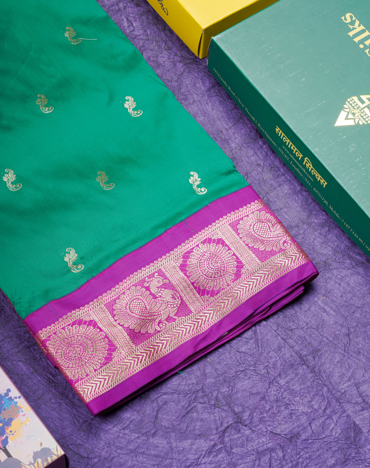 9 Yards Semi Silk Saree Saffire Green With Contrast Purple Traditional Border