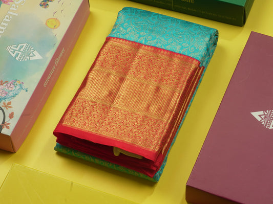 Korvai Anandha Blue Bridal Pure Kanjivaram Silk Saree With Contrast Red Border