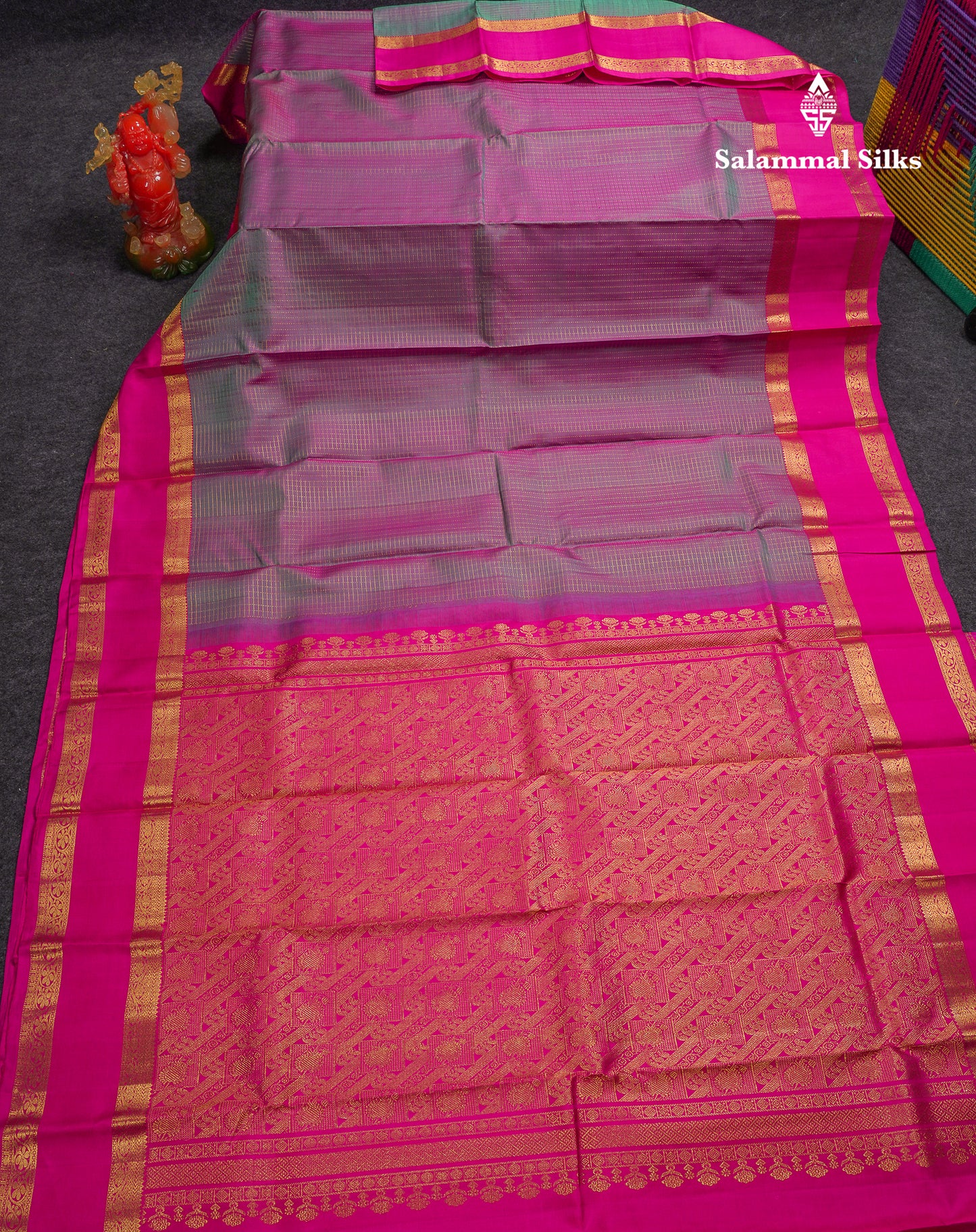 Beautiful Dual Tone Violet Small Zari Checks Pure Kanjivaram Silk Saree With Contrast Pink Gap Border
