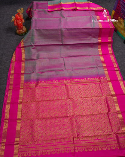 Beautiful Dual Tone Violet Small Zari Checks Pure Kanjivaram Silk Saree With Contrast Pink Gap Border