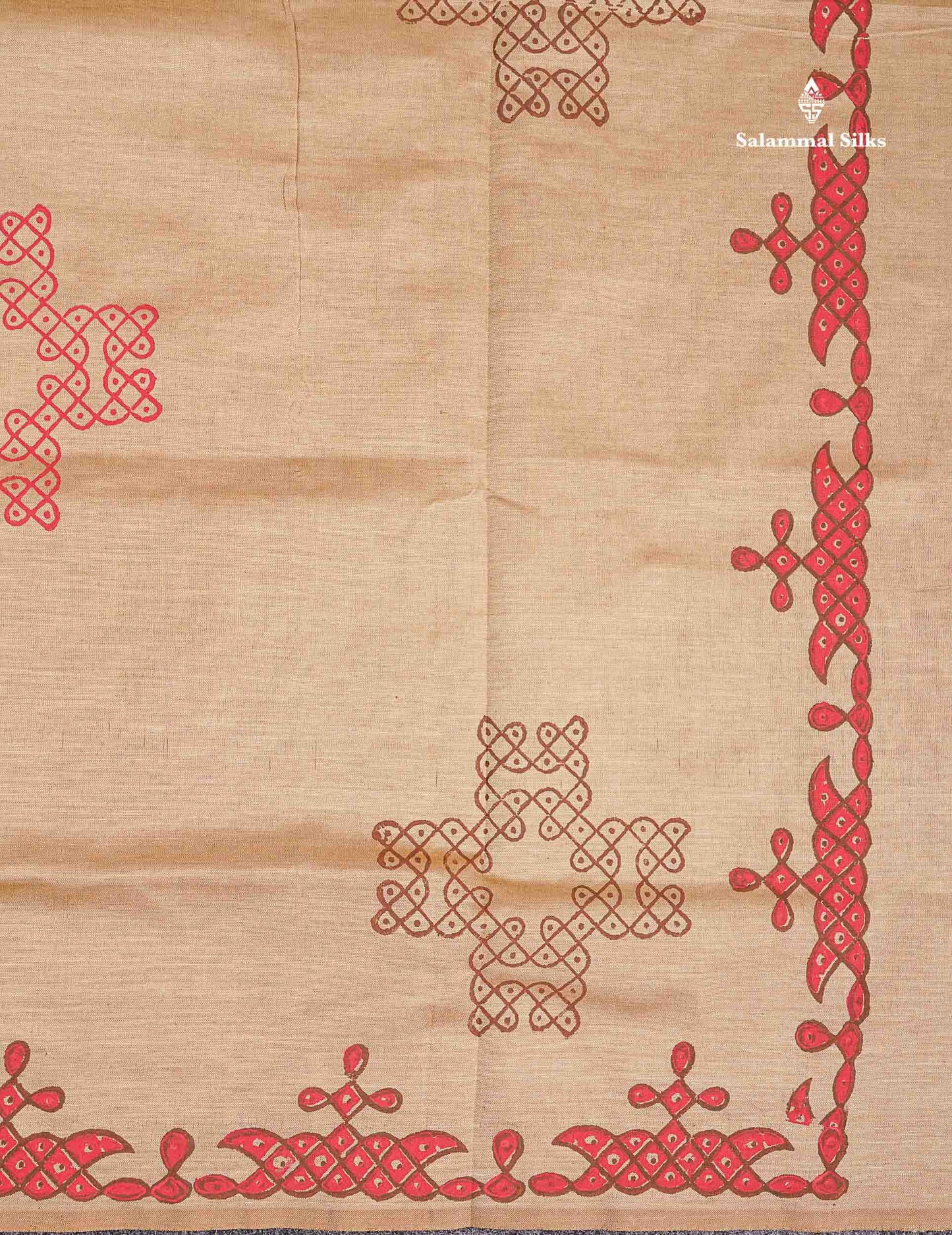 Beautiful Beige Printed South Cotton Saree With Contrast Brown Blouse