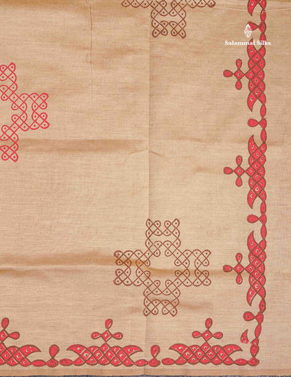 Beautiful Beige Printed South Cotton Saree With Contrast Brown Blouse