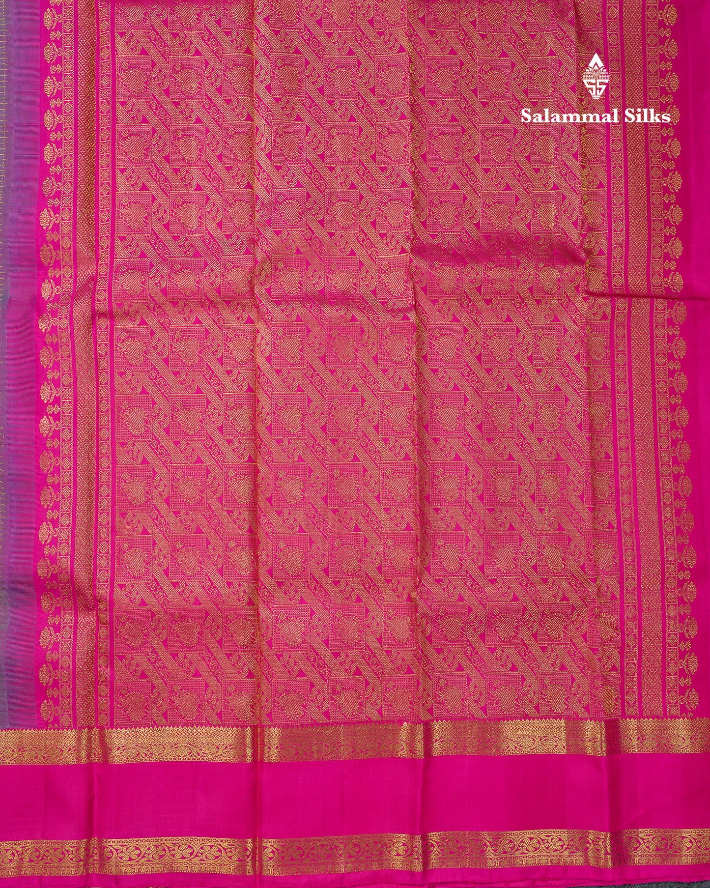 Beautiful Dual Tone Violet Small Zari Checks Pure Kanjivaram Silk Saree With Contrast Pink Gap Border