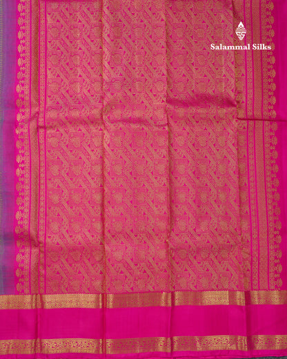 Beautiful Dual Tone Violet Small Zari Checks Pure Kanjivaram Silk Saree With Contrast Pink Gap Border