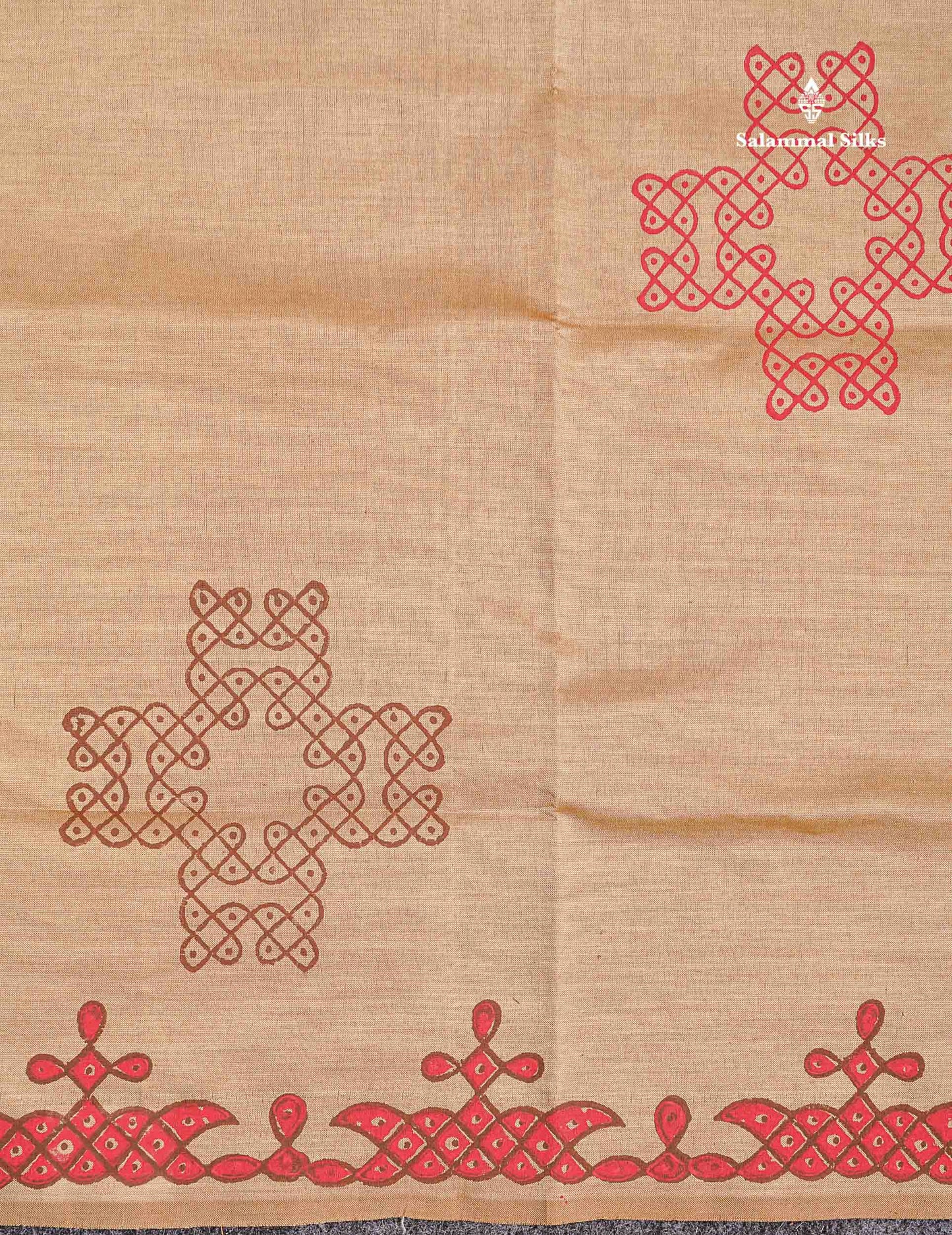 Beautiful Beige Printed South Cotton Saree With Contrast Brown Blouse