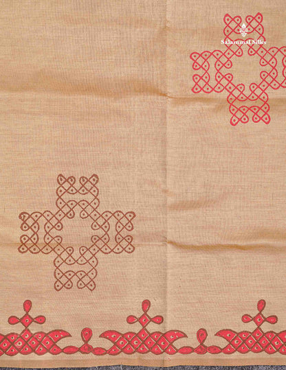 Beautiful Beige Printed South Cotton Saree With Contrast Brown Blouse