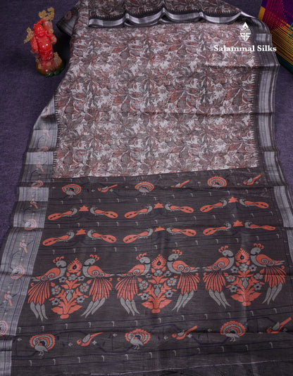 Beautiful Grey White Mixed Cotton Saree With Contrast Dark Brown Fancy Tissue Borber