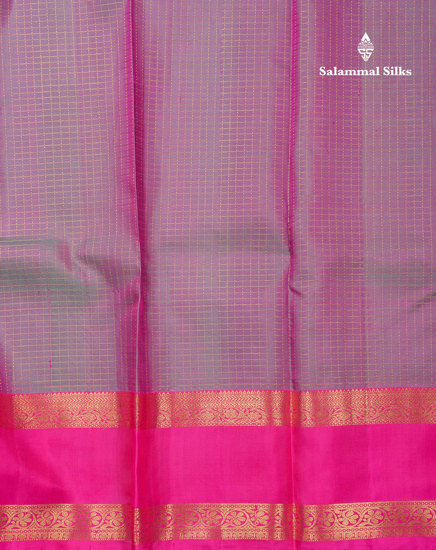 Beautiful Dual Tone Violet Small Zari Checks Pure Kanjivaram Silk Saree With Contrast Pink Gap Border