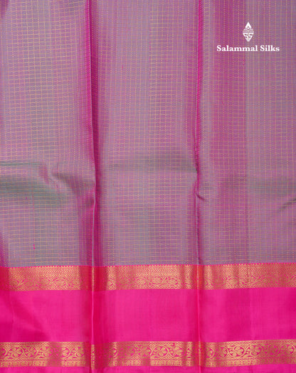 Beautiful Dual Tone Violet Small Zari Checks Pure Kanjivaram Silk Saree With Contrast Pink Gap Border