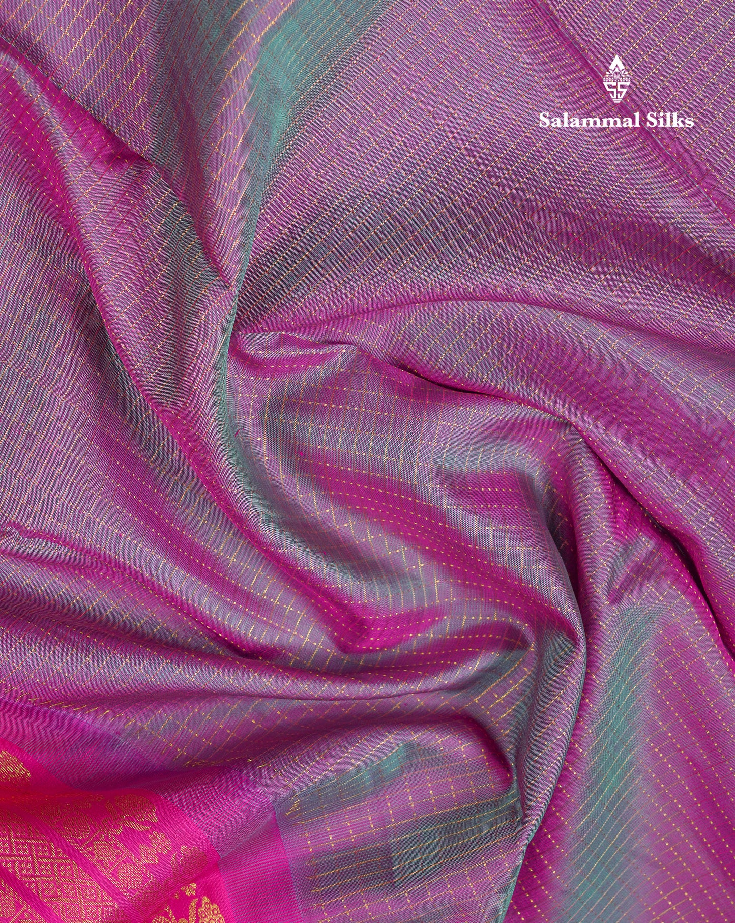 Beautiful Dual Tone Violet Small Zari Checks Pure Kanjivaram Silk Saree With Contrast Pink Gap Border