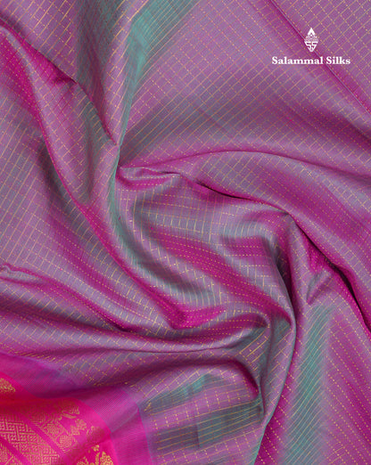 Beautiful Dual Tone Violet Small Zari Checks Pure Kanjivaram Silk Saree With Contrast Pink Gap Border
