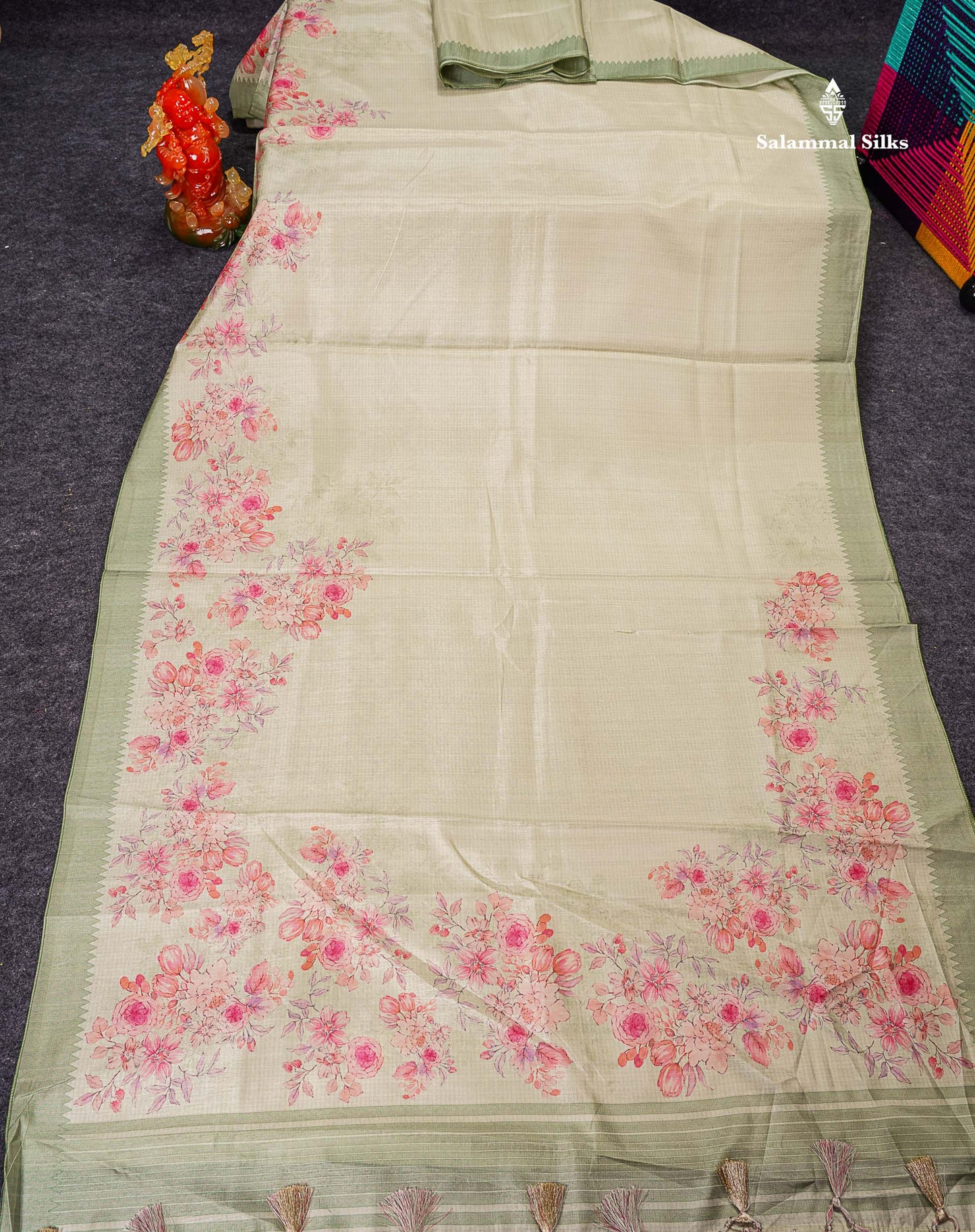 Semi Tussar Saree - Light Pista Green Plain Along With Floral Design & Contrast Light Green Border