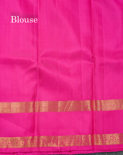 Beautiful Dual Tone Violet Small Zari Checks Pure Kanjivaram Silk Saree With Contrast Pink Gap Border