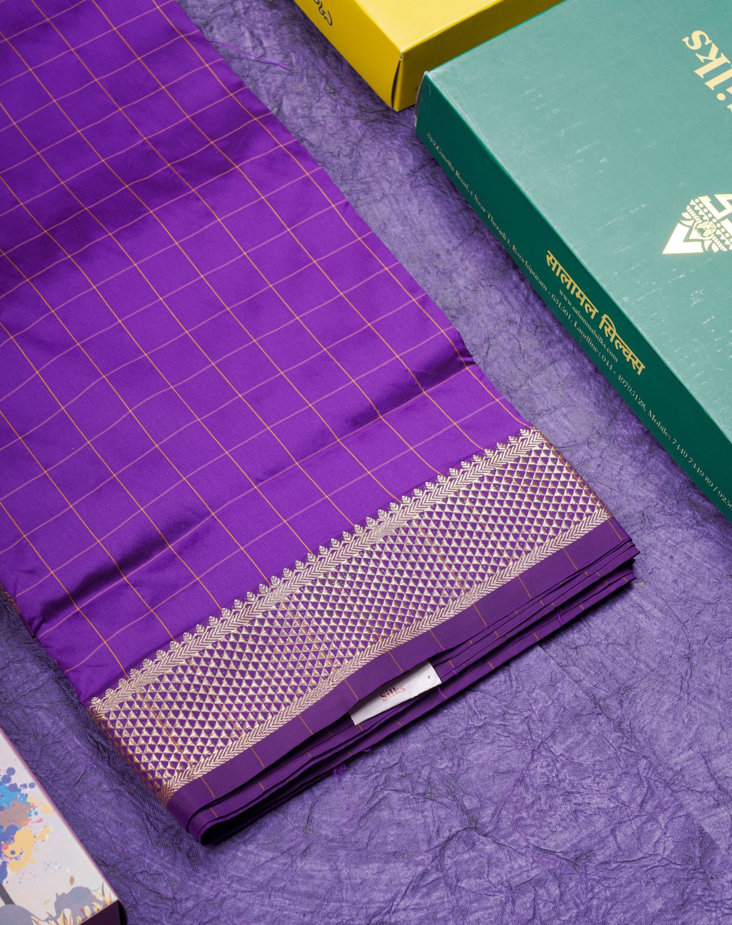 9 Yards Semi Silk Saree Purple Checks With Traditional Border