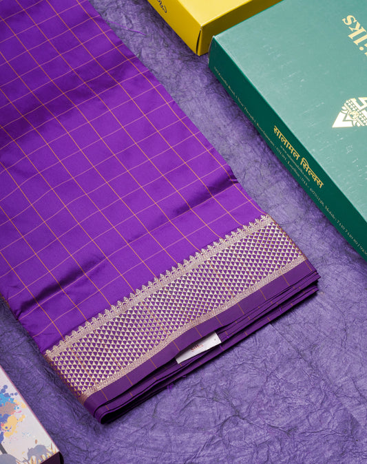 9 Yards Semi Silk Saree Purple Checks With Traditional Border