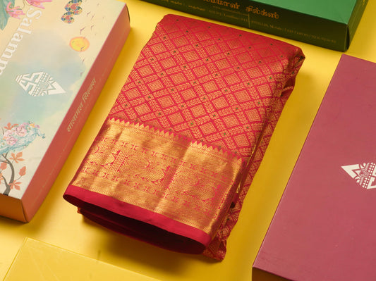 Meenakari work Beautiful Dual Tone Pinkish Red Pure Kanjivaram Silk Saree With Self Border