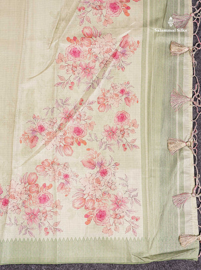 Semi Tussar Saree - Light Pista Green Plain Along With Floral Design & Contrast Light Green Border
