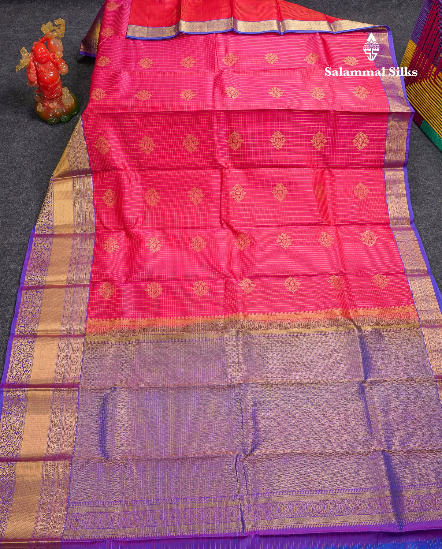 Beautiful Dual Tone Pink Zari Small Checks With Butta Pure Kanjivaram Silk Saree With Contrast Violet Traditional Evening Morning Border
