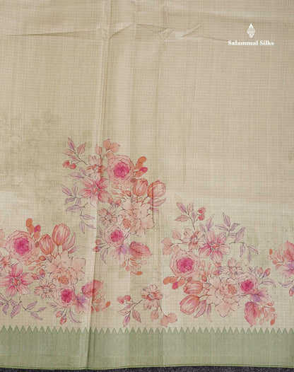 Semi Tussar Saree - Light Pista Green Plain Along With Floral Design & Contrast Light Green Border