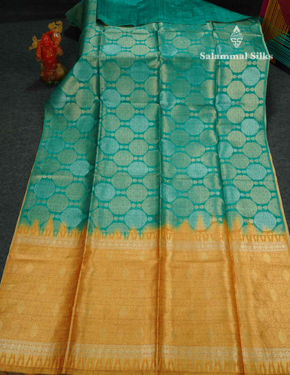 Beautiful Sapphire Green Semi Tussar Fancy Saree With Contrast Mustard Yellow Blouse