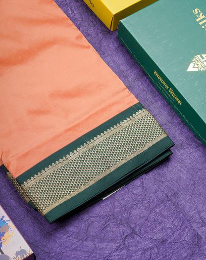 9.5 Yards Semi Silk Saree Pink with Contrast Bottle Green Border