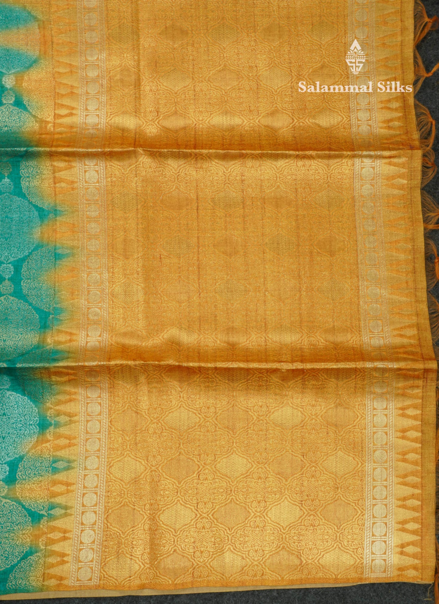 Beautiful Sapphire Green Semi Tussar Fancy Saree With Contrast Mustard Yellow Blouse