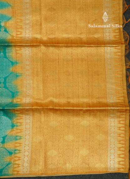 Beautiful Sapphire Green Semi Tussar Fancy Saree With Contrast Mustard Yellow Blouse