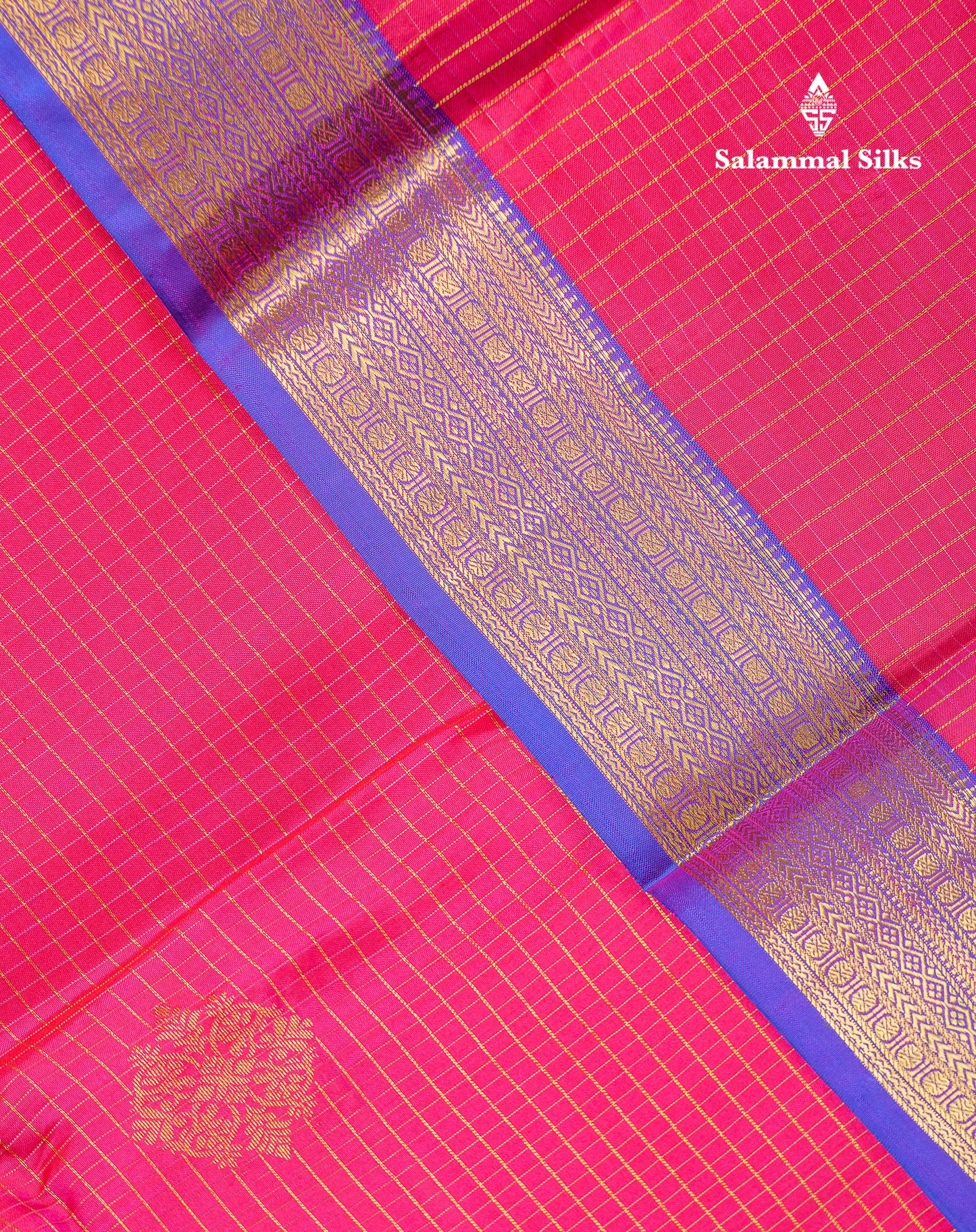 Beautiful Dual Tone Pink Zari Small Checks With Butta Pure Kanjivaram Silk Saree With Contrast Violet Traditional Evening Morning Border