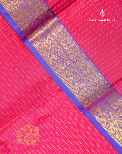 Beautiful Dual Tone Pink Zari Small Checks With Butta Pure Kanjivaram Silk Saree With Contrast Violet Traditional Evening Morning Border