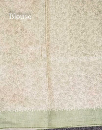 Semi Tussar Saree - Light Pista Green Plain Along With Floral Design & Contrast Light Green Border