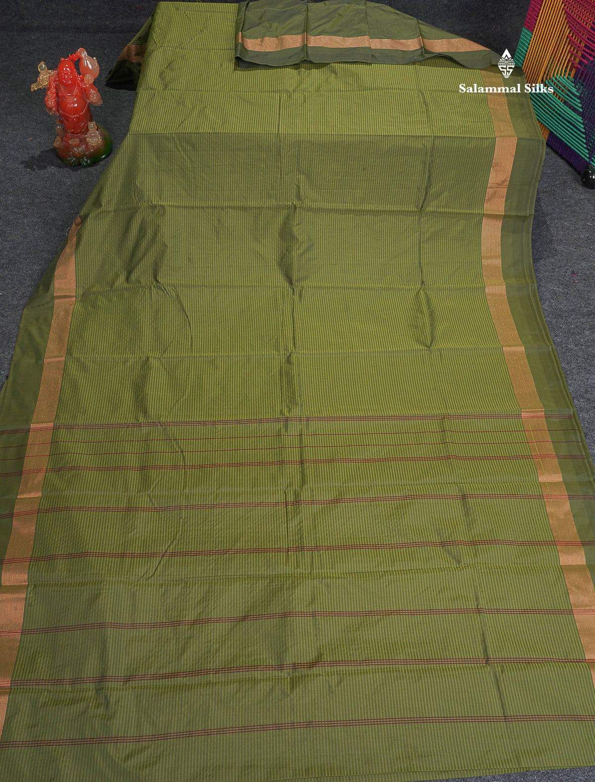 Semi Silk Saree - Olive Green Colour Body With Zari Border