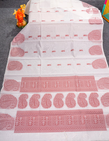 White Kota Cotton Saree Maroon Thread Butta With Self Blouse