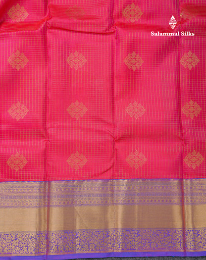 Beautiful Dual Tone Pink Zari Small Checks With Butta Pure Kanjivaram Silk Saree With Contrast Violet Traditional Evening Morning Border