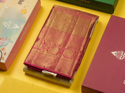 Beautiful Half White Pure Kanjivaram Silk Saree With Contrast Long Magenta Border