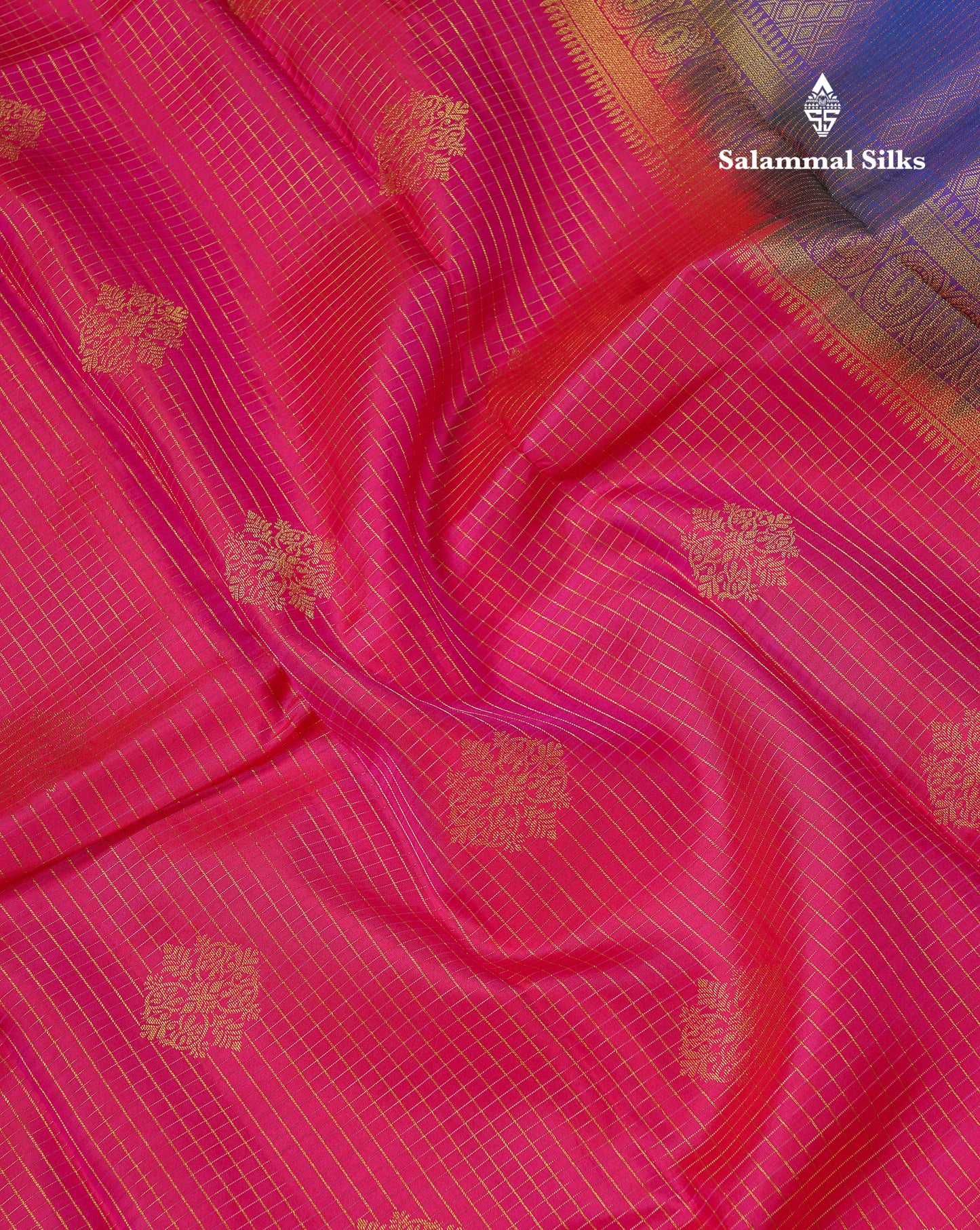 Beautiful Dual Tone Pink Zari Small Checks With Butta Pure Kanjivaram Silk Saree With Contrast Violet Traditional Evening Morning Border