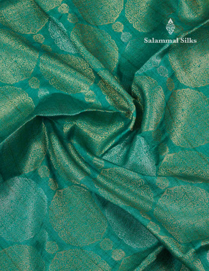 Beautiful Sapphire Green Semi Tussar Fancy Saree With Contrast Mustard Yellow Blouse