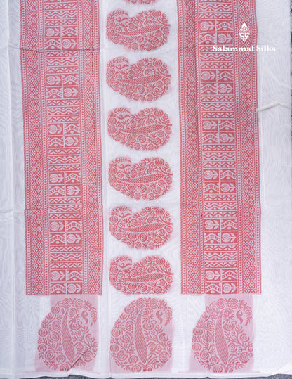 White Kota Cotton Saree Maroon Thread Butta With Self Blouse