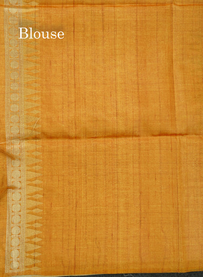 Beautiful Sapphire Green Semi Tussar Fancy Saree With Contrast Mustard Yellow Blouse