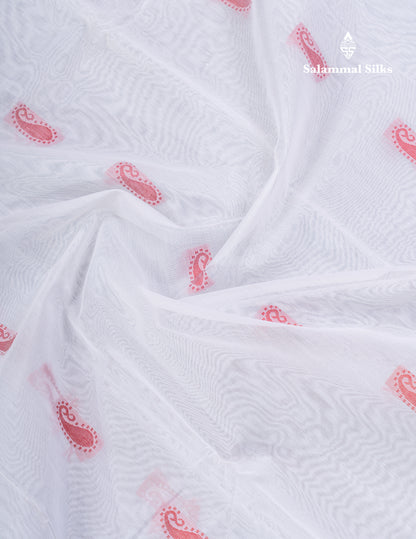 White Kota Cotton Saree Maroon Thread Butta With Self Blouse