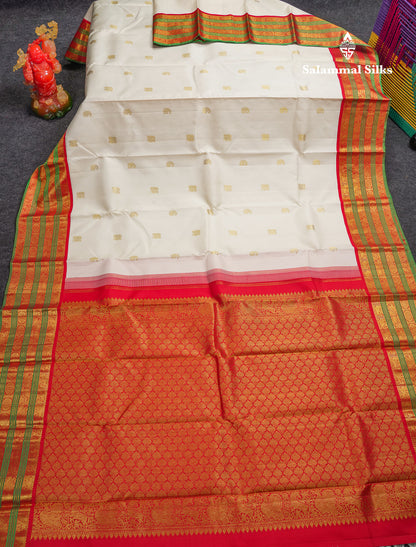 Beautiful Korvai White Pure Kanjivaram Silk Saree With Contrast Red Traditional Border