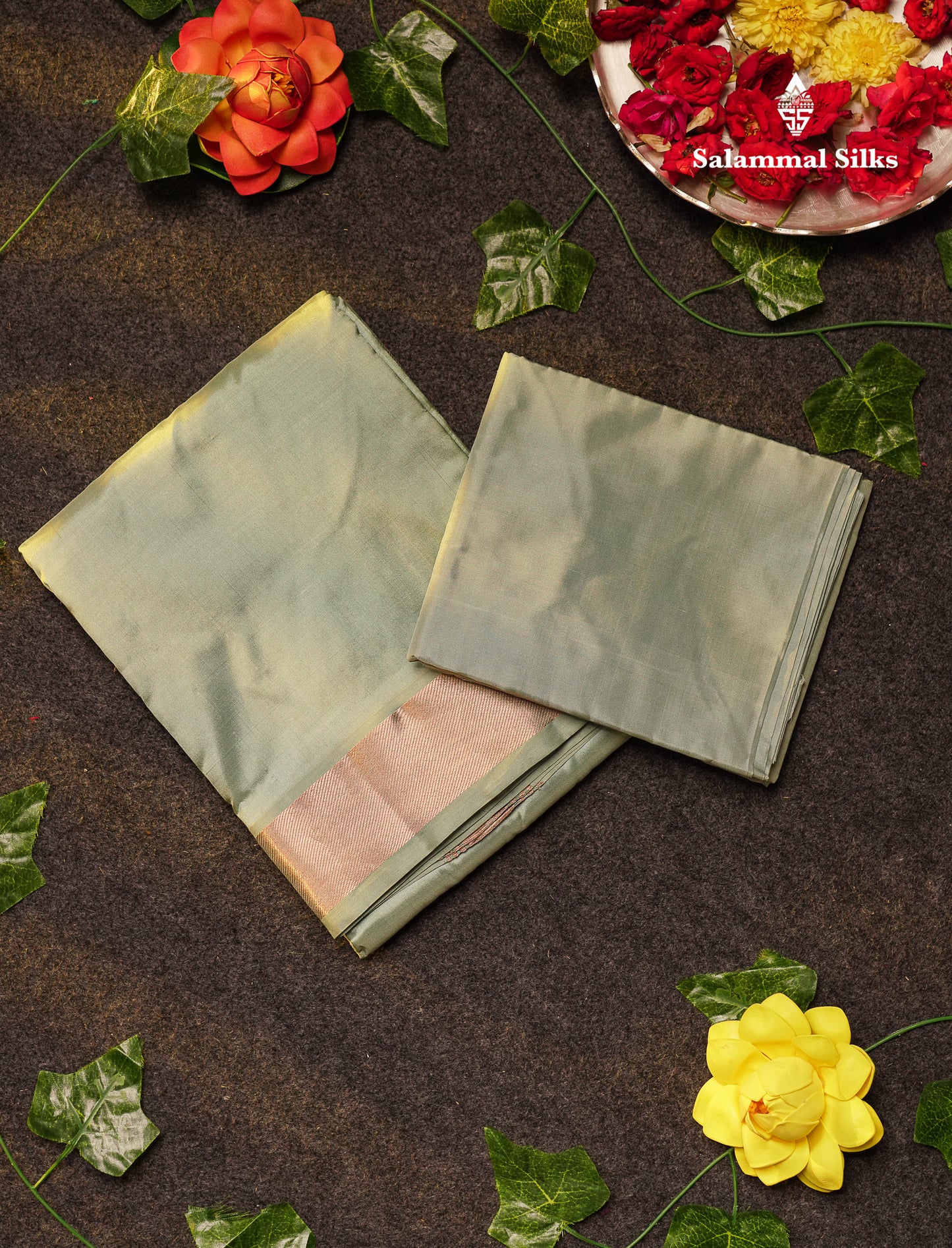 Green Shade Pure Silk Dhoti, Angavastram & Shirt (2.50M) with Copper Zari Border