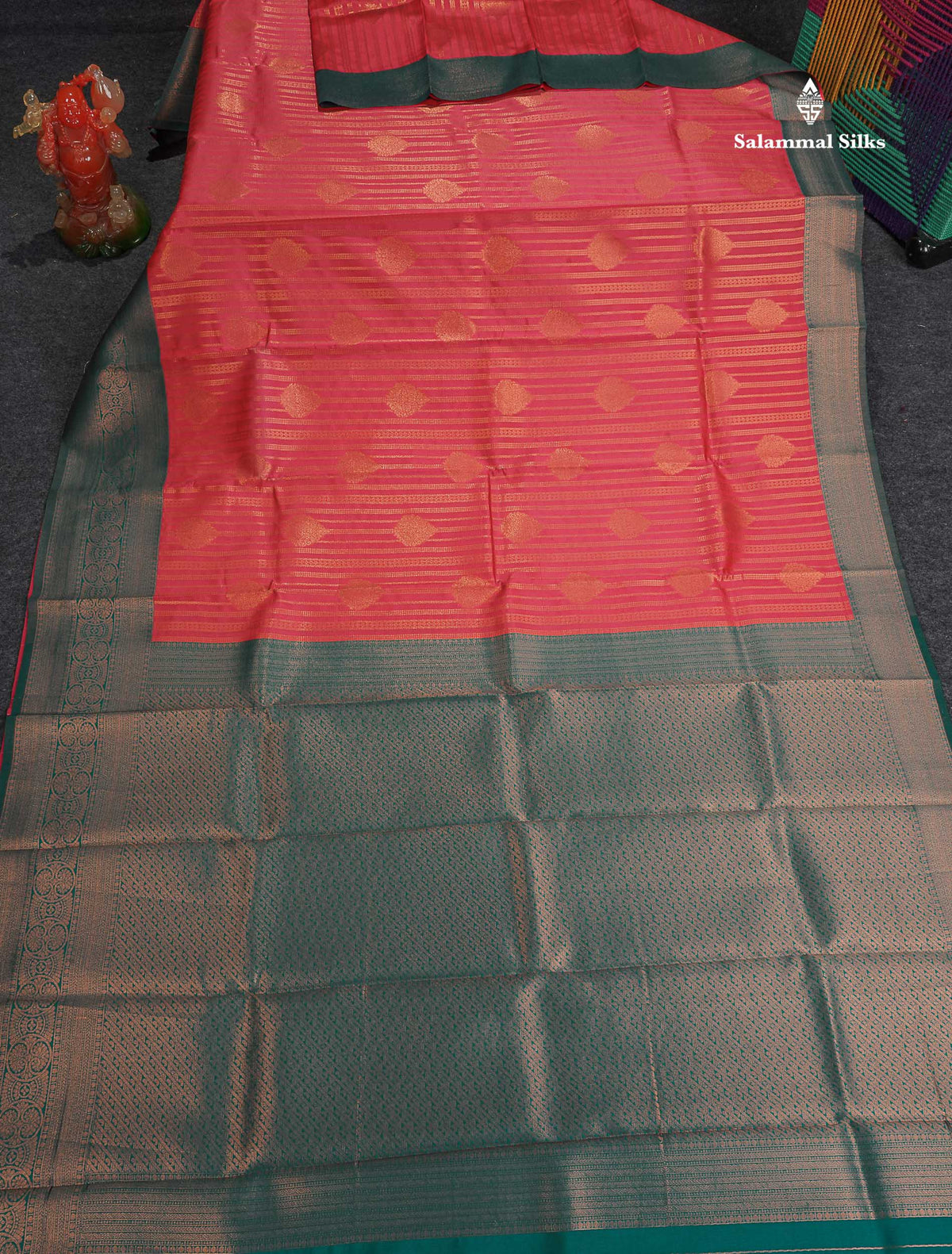 Semi Silk Saree - Peach Colour Body With Contrast Teal Green Evening Morning Border