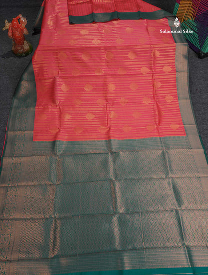 Semi Silk Saree - Peach Colour Body With Contrast Teal Green Evening Morning Border