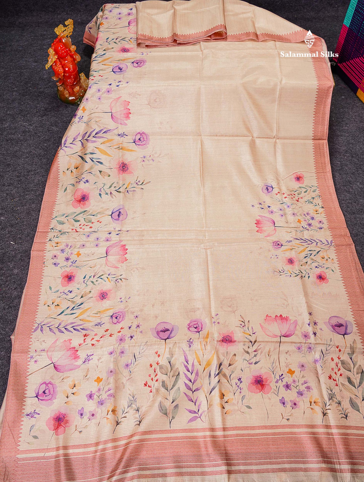 Semi Tussar Saree - Sandal Plain Along With Floral Design & Contrast Peach Border